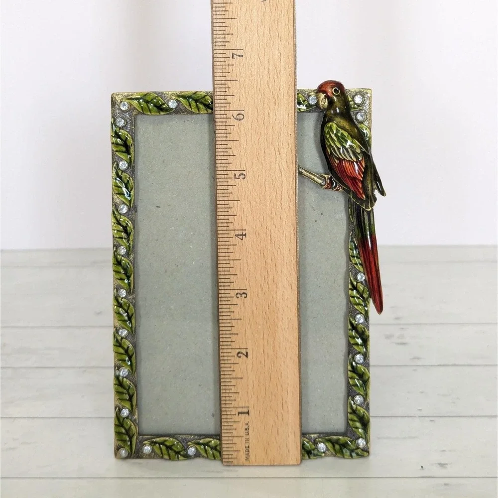 Jeweled Enamel Parrot Picture Frame Rhinestone Tropical Bird Leaves 4x6 Photo